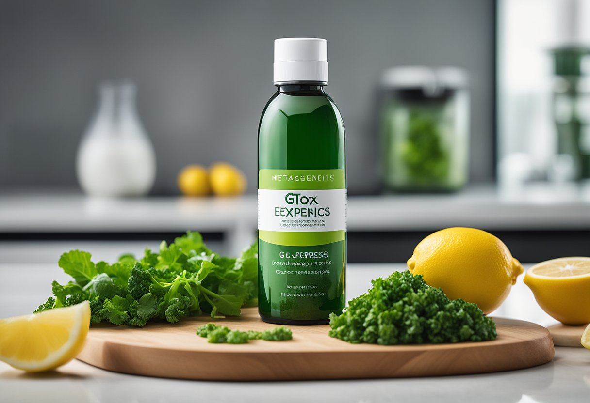 A vibrant, green bottle of Metagenics G-Tox Express surrounded by fresh, detoxifying ingredients like kale, spinach, and lemons on a clean, white countertop