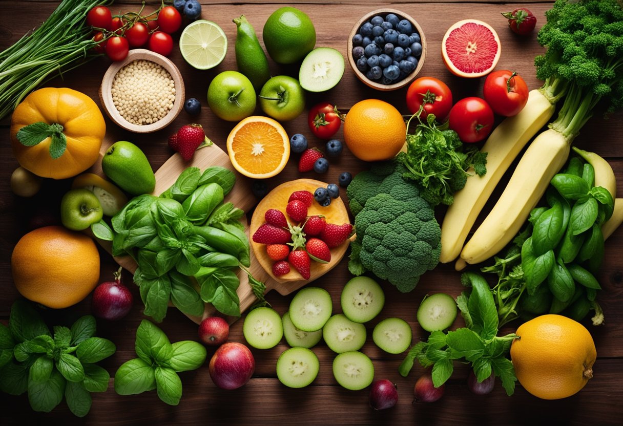 A vibrant assortment of organic fruits, vegetables, and herbs arranged on a wooden cutting board. Each ingredient is labeled with its respective health benefits