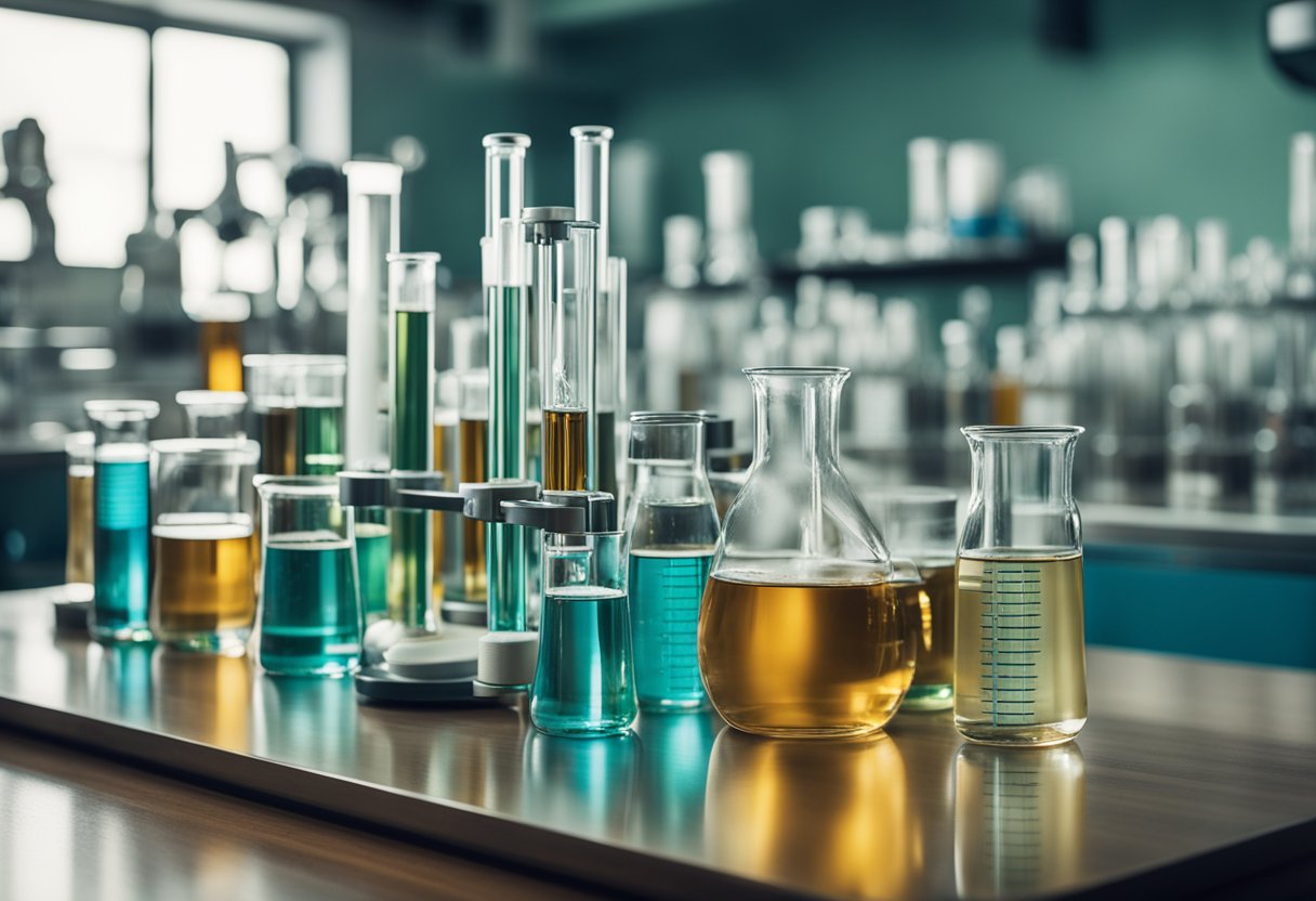 A laboratory table with various scientific equipment and a bottle of Metagenics G Tox Express, surrounded by beakers and test tubes