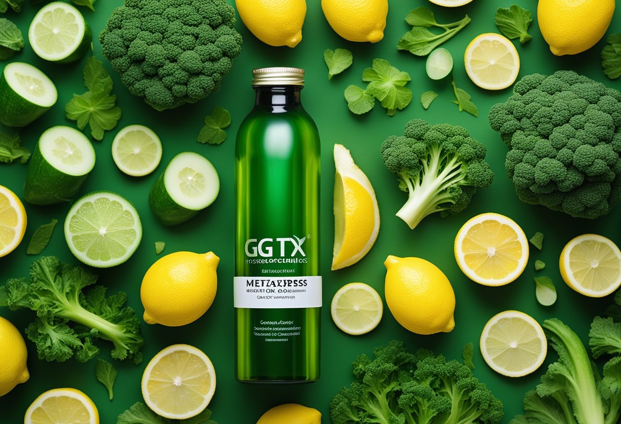 A vibrant green bottle of Metagenics G-Tox Express surrounded by fresh, detoxifying ingredients like kale, cucumber, and lemon