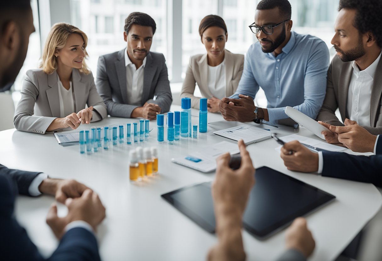 A group of people gathered around a table, examining and discussing Metagenics G-Tox Express products. Some are holding the products, while others are taking notes and listening attentively