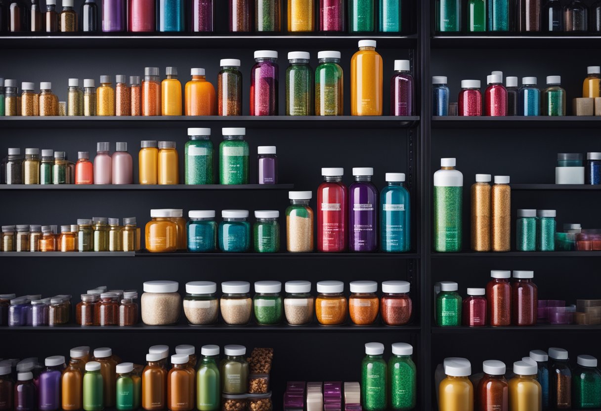 A colorful array of supplement bottles and packaging arranged on a sleek, modern display shelf