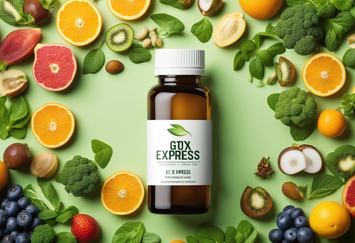 A bottle of G Tox Express supplement surrounded by various detoxifying ingredients like fruits, vegetables, and herbs, with a serene and natural backdrop