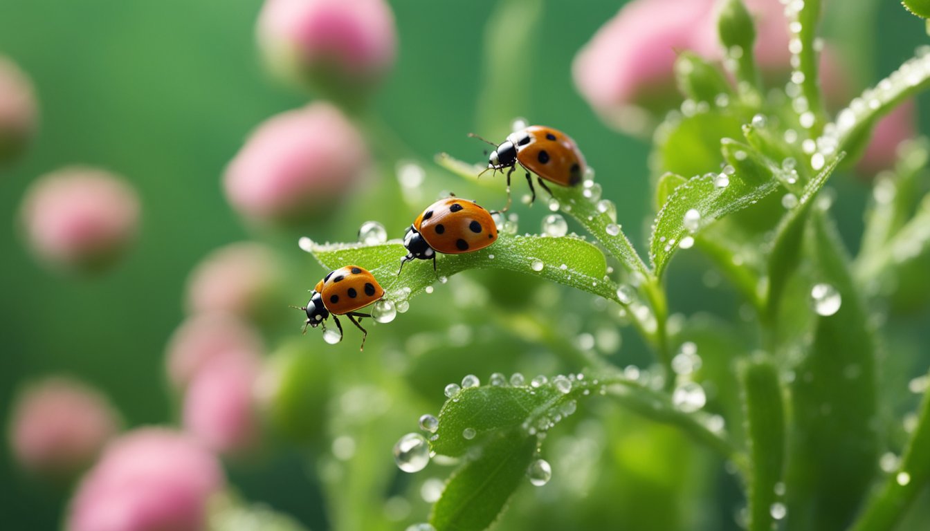 Green aphids cluster on rose stem, ladybug approaches. Dew sparkles, soft foliage background, natural sunlight