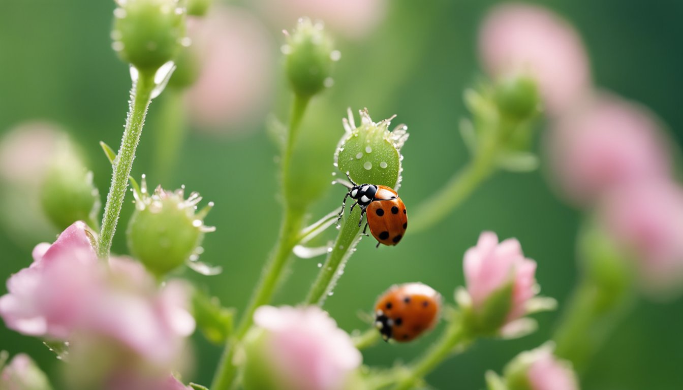 Green aphids cluster on a rose stem, as a ladybug approaches. Soft garden foliage and morning dew create a serene background, highlighted by natural sunlight