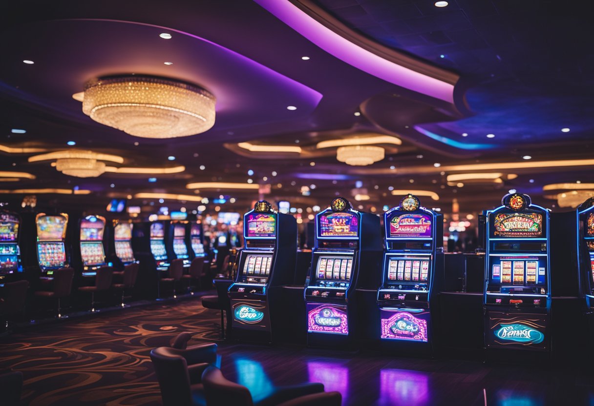 A bustling casino floor with slot machines, card tables, and a vibrant atmosphere. The neon lights and sleek decor create an exciting and luxurious ambiance