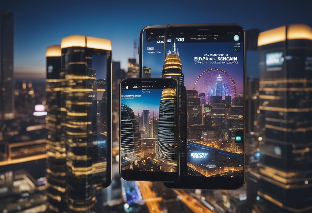 Brightly lit skyscrapers with glowing signs, surrounded by a bustling cityscape. A sleek and modern mobile device displays the Skycity Online Casino homepage