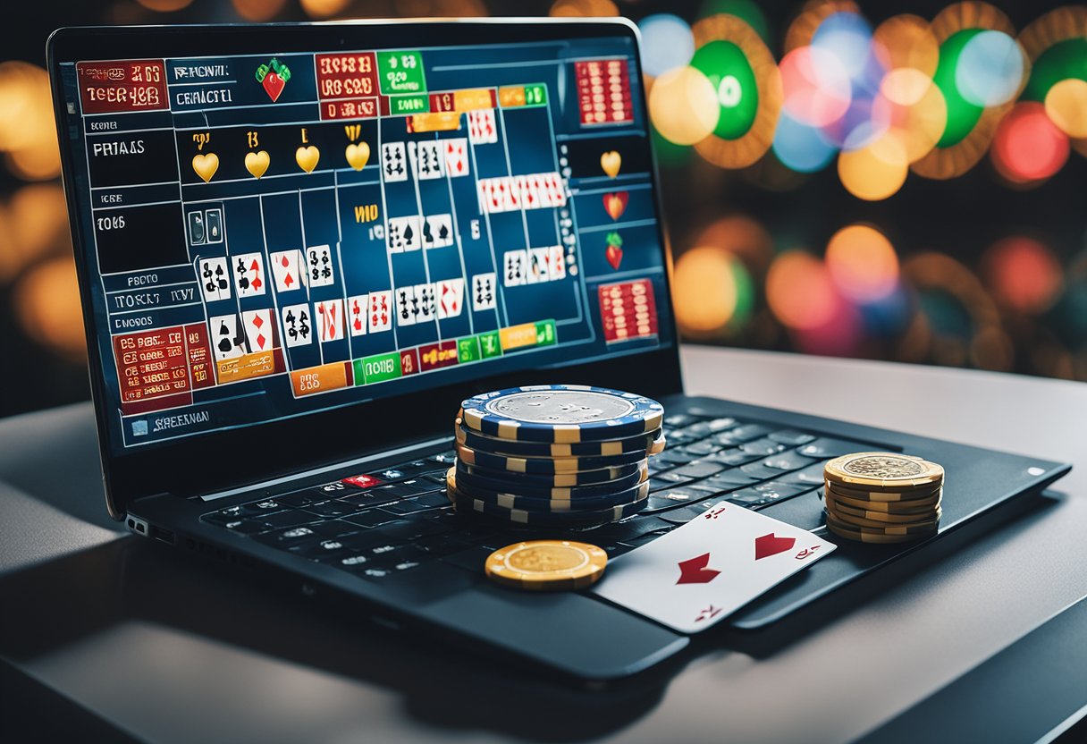 A laptop displaying various payment methods surrounded by casino chips and playing cards