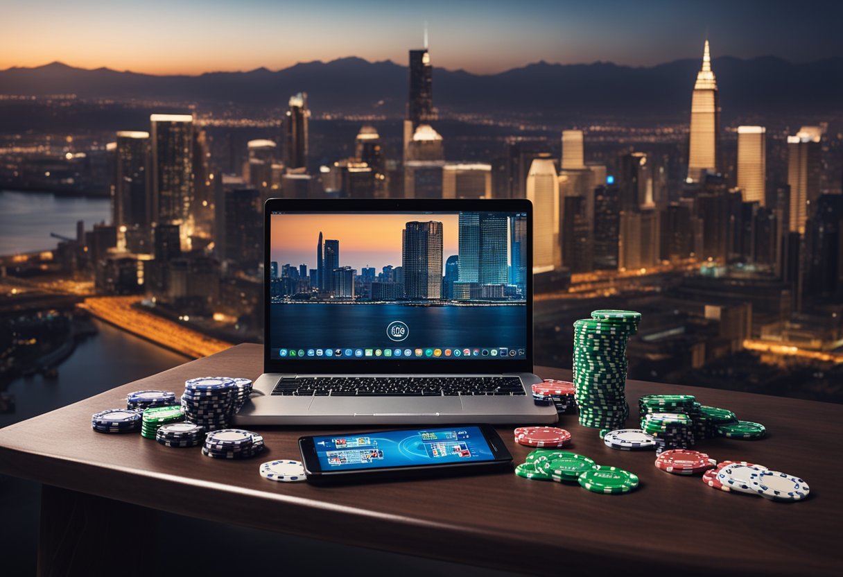 A laptop and smartphone on a table, with a city skyline in the background, and a stack of poker chips