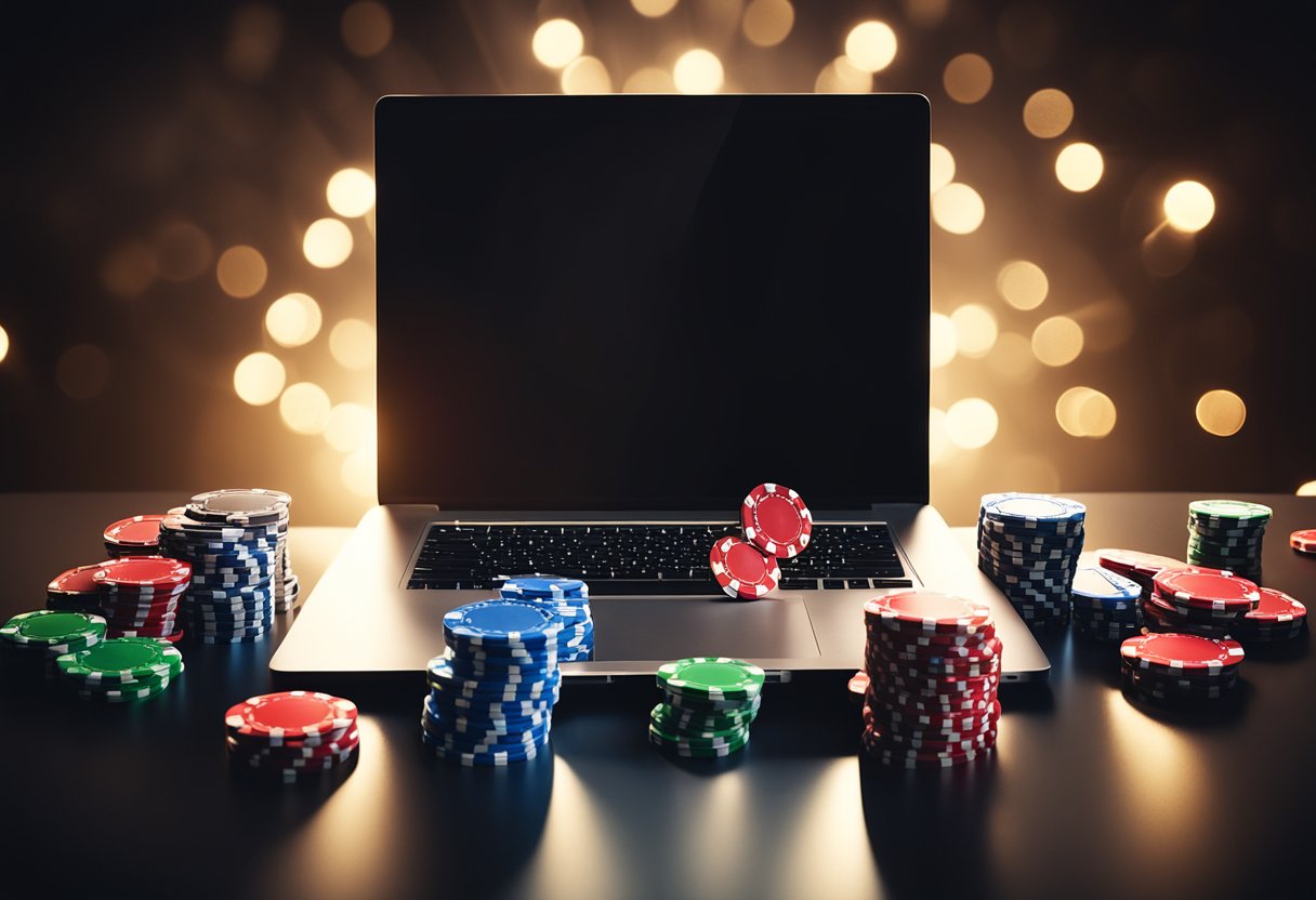 A laptop surrounded by casino chips and playing cards, with a spotlight shining down on it