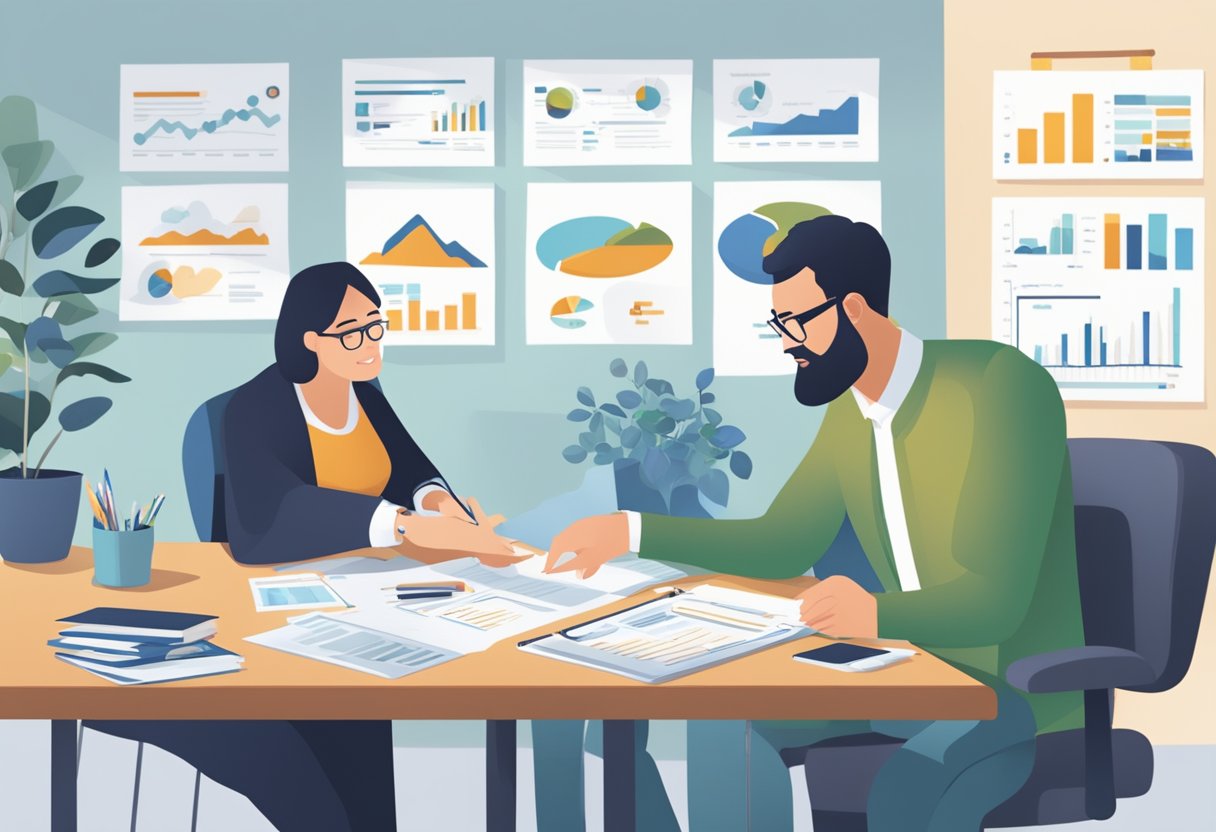 A person with a disability sitting at a desk, surrounded by financial documents and charts, while a financial planner explains the role of RDSP investments in their financial planning