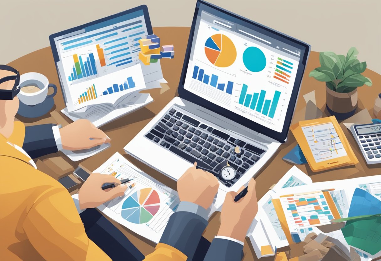 A person with a disability reviewing financial plans, surrounded by charts, graphs, and documents related to RDSPs and other financial strategies