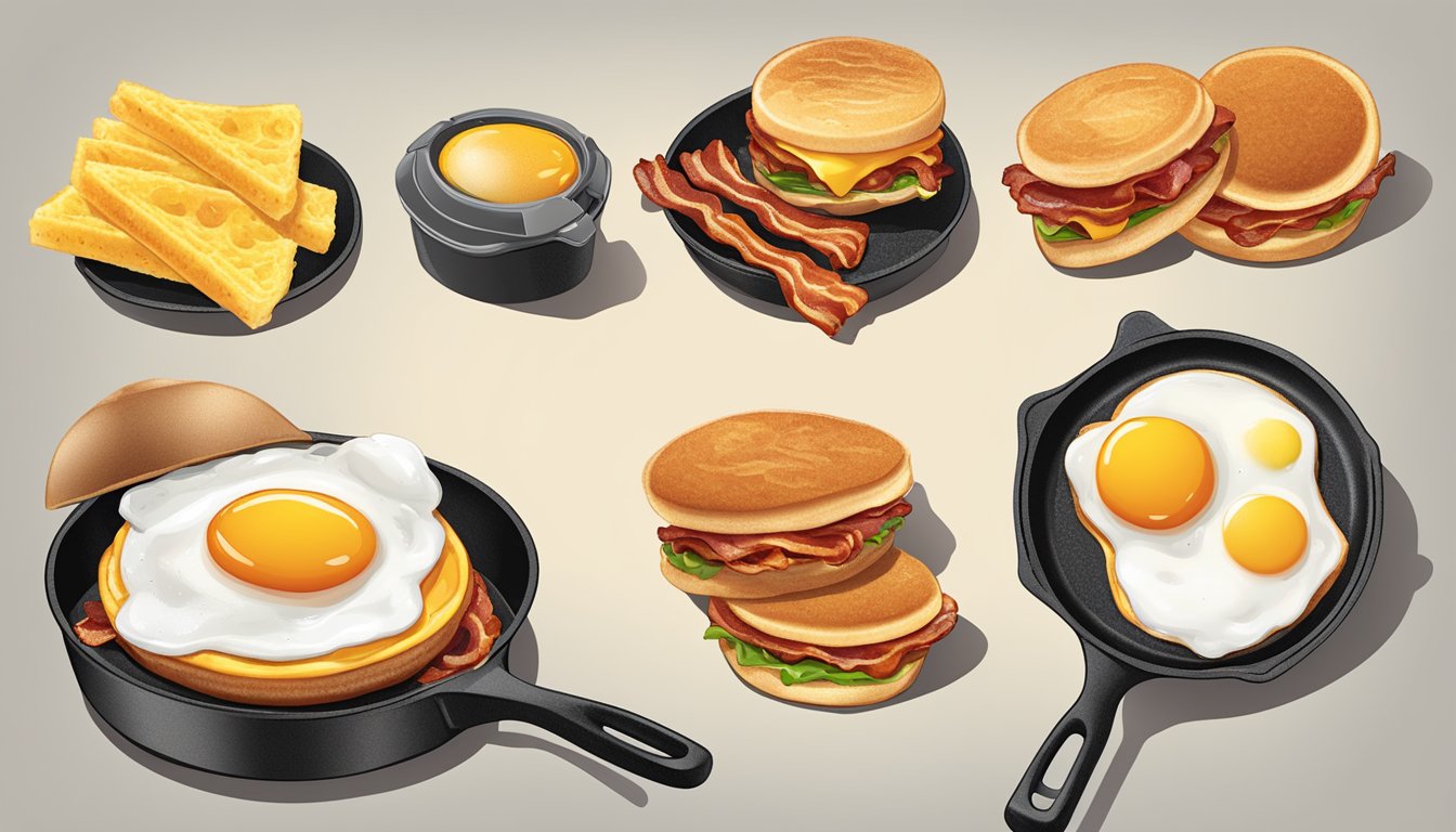 A sizzling skillet with five variations of crispy bacon and an Egg McMuffin