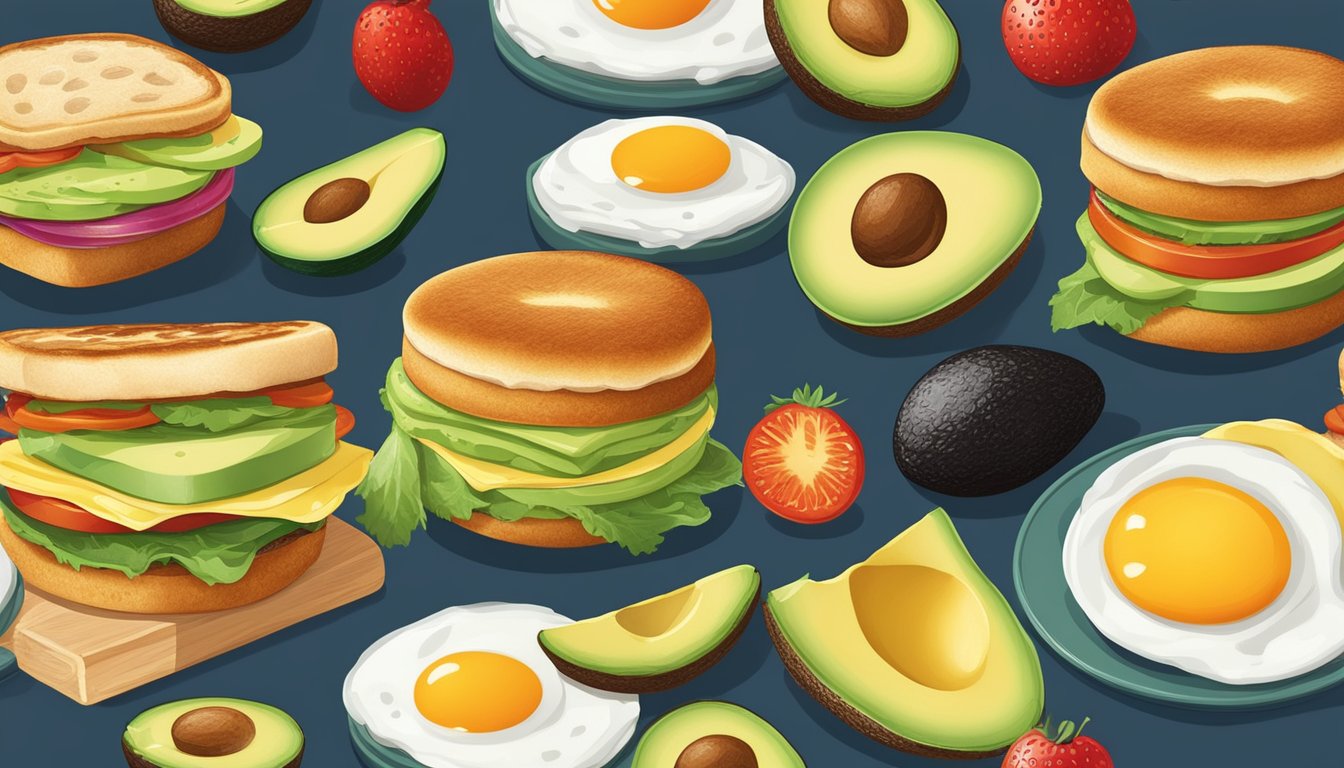 A colorful breakfast scene with an Egg McMuffin surrounded by five different variations of avocado slices, each customized in a unique way