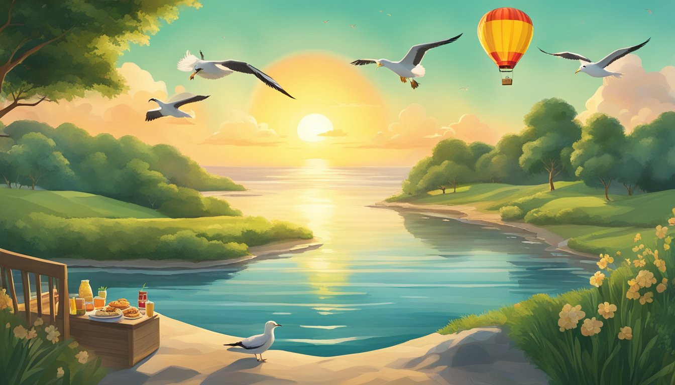 A sunrise over a calm ocean with seagulls flying, a hot air balloon floating in the sky, and a lush green landscape with a McDonald's breakfast spread