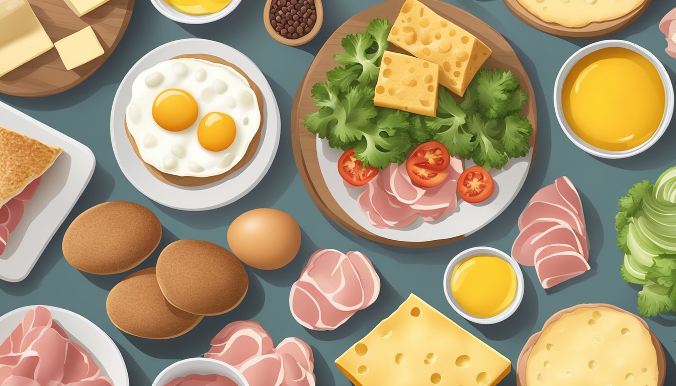 A table with a variety of ingredients like eggs, cheese, ham, English muffins, and vegetables arranged for customization