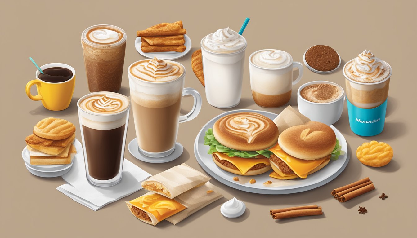 A steaming cinnamon melt latte surrounded by seven secret menu items from McDonald's breakfast