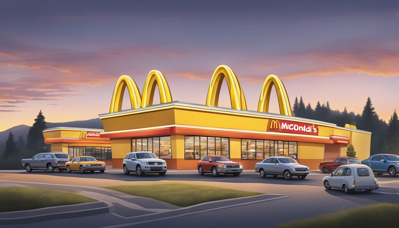 A line of cars snaking around a McDonald's drive-thru, with the golden arches illuminated against the morning sky