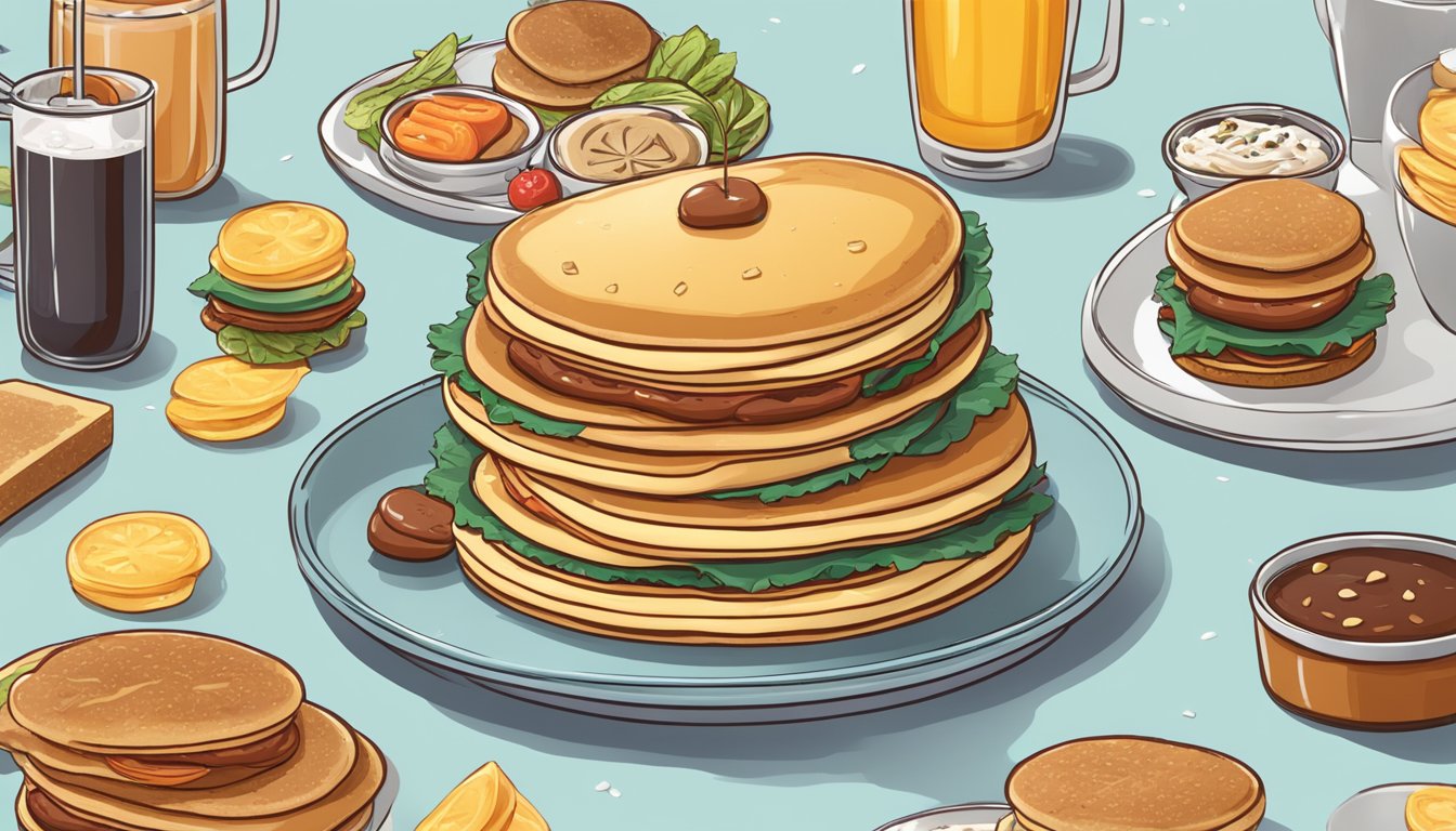 A stack of hotcakes sandwiched between two sausage patties, with various secret menu items scattered around