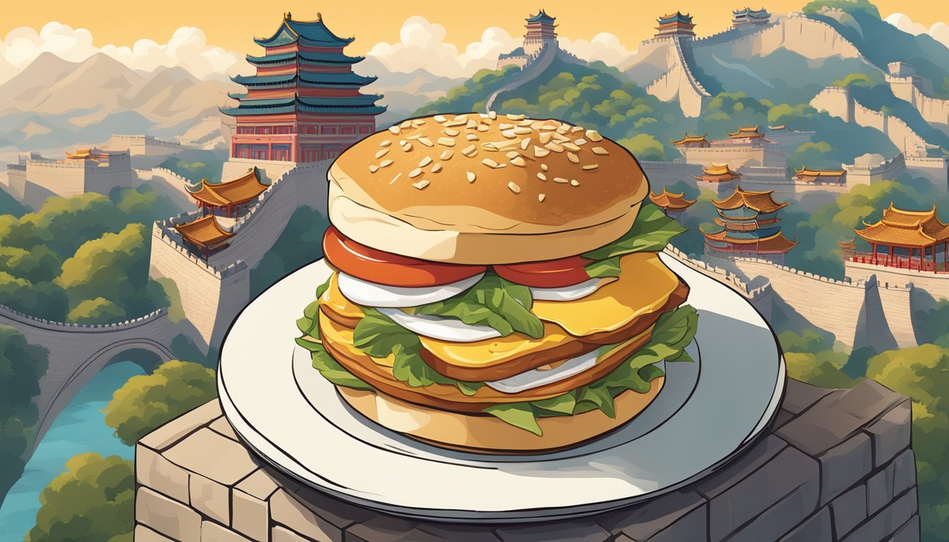 A breakfast sandwich surrounded by iconic symbols of China, such as the Great Wall or a traditional Chinese pagoda, with a backdrop of bustling city streets