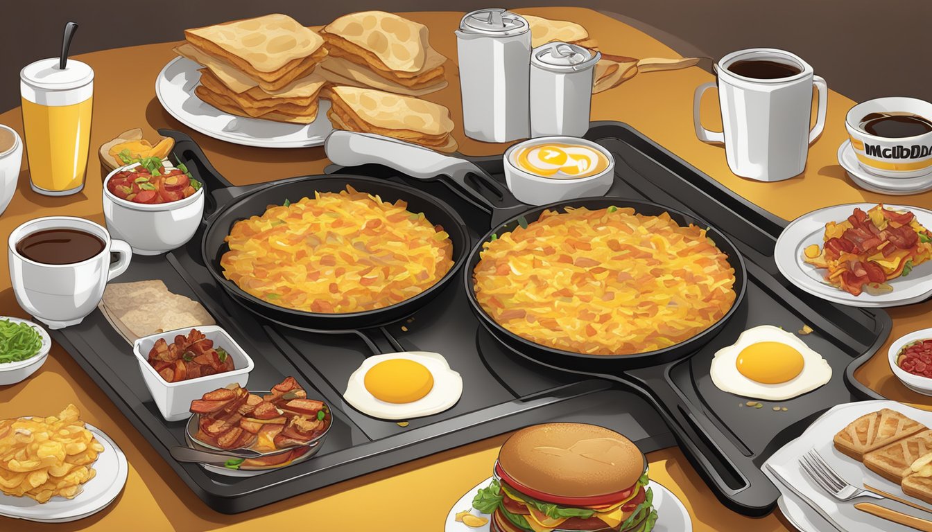 A sizzling skillet of golden hash browns surrounded by a variety of breakfast items, including eggs, bacon, and coffee, all served on a tray with the iconic McDonald's logo