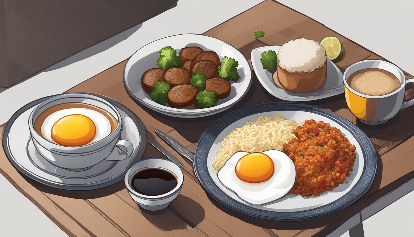 A table set with a plate of longganisa, fried egg, and garlic rice, accompanied by a cup of hot coffee and a side of pickled vegetables