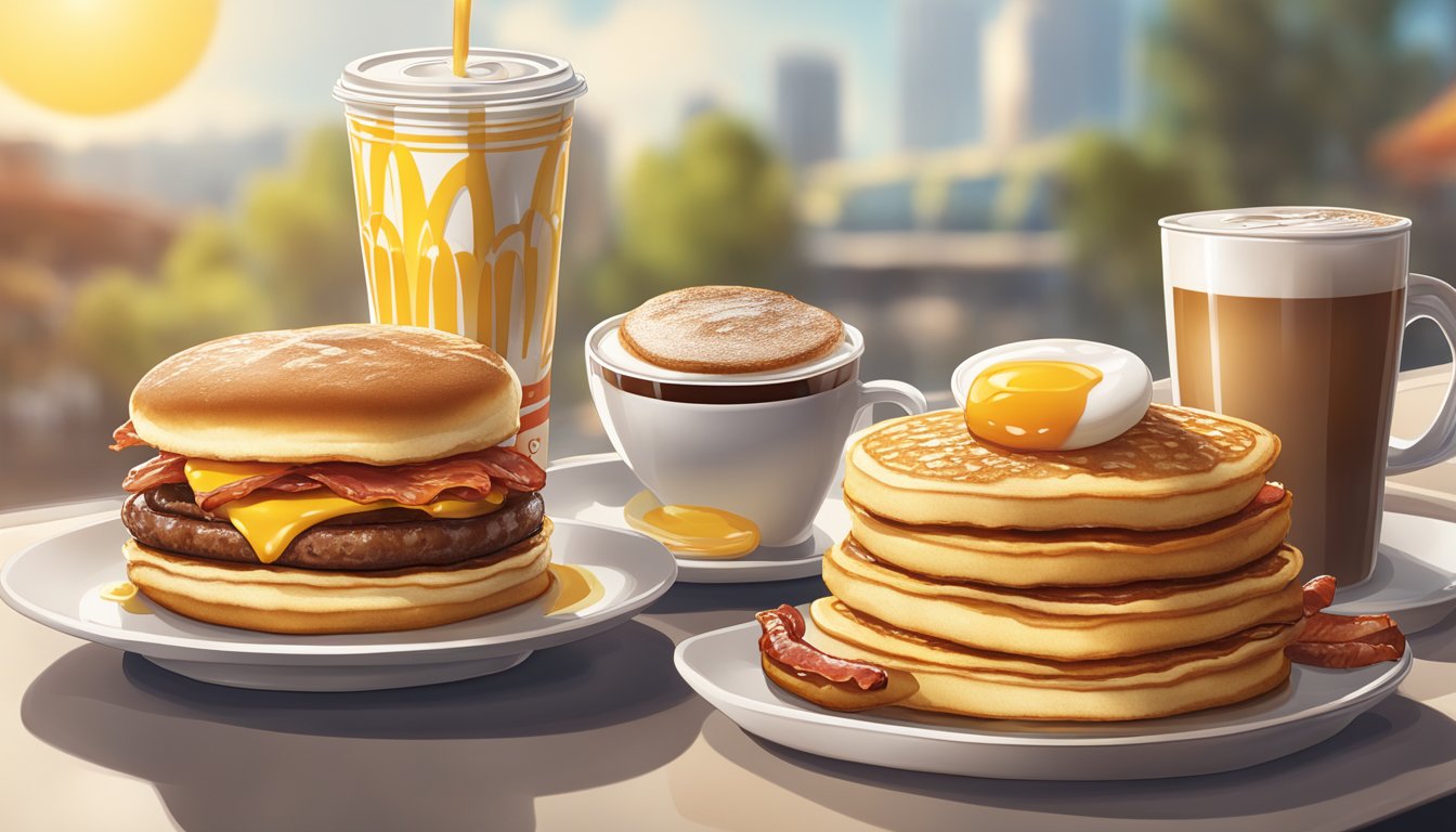 A sunny morning at McDonald's with a spread of pancakes, sausage, eggs, and syrup, alongside a crispy bacon McMuffin and a hot cup of coffee