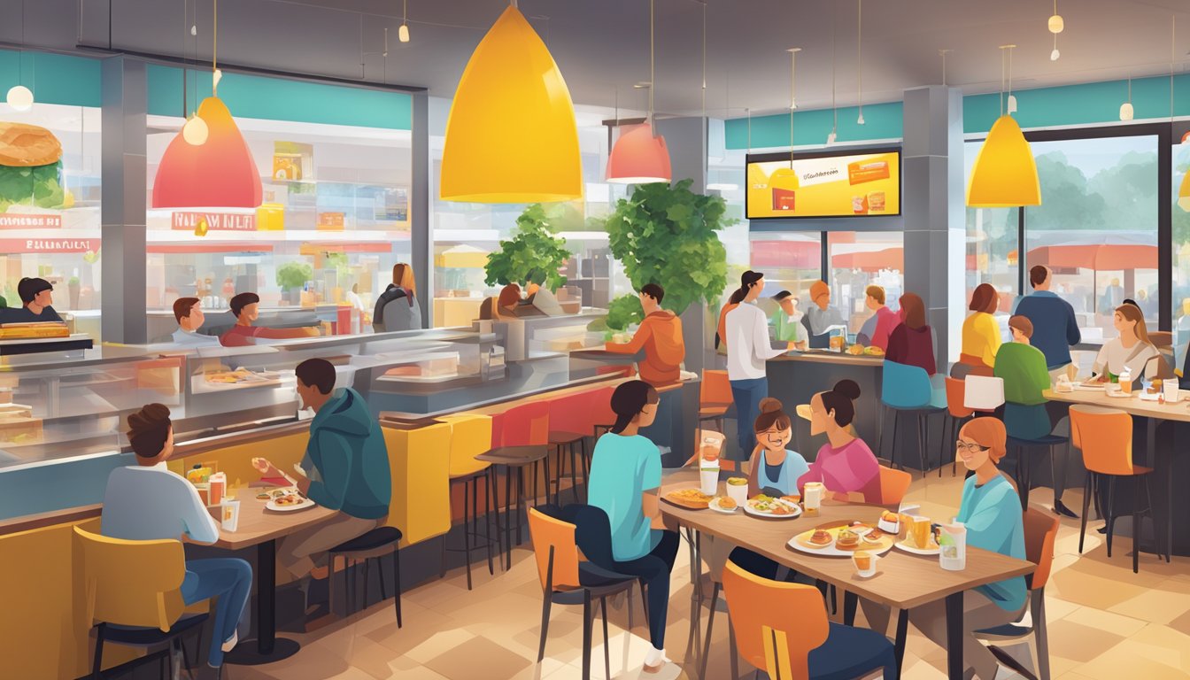 A bustling McDonald's in Nuremberg, Germany, with a diverse breakfast menu displayed on a digital board and customers enjoying their meals at colorful tables