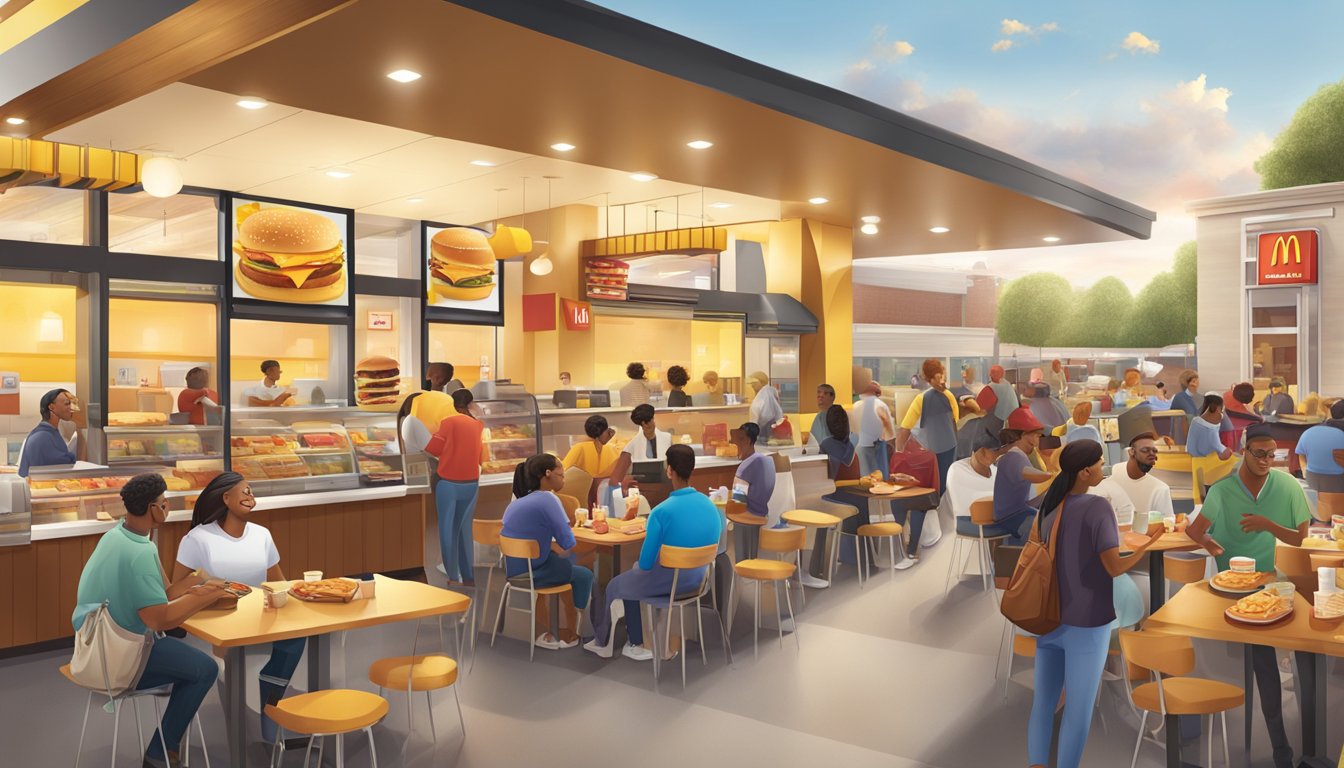 A bustling McDonald's breakfast scene with iconic golden arches, diverse customers, and a variety of breakfast items being served and enjoyed