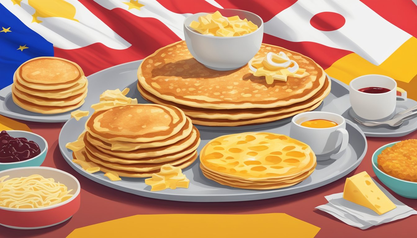 A plate of cheese pancakes with jam surrounded by flags of 12 different countries, representing unique McDonald's breakfast menus