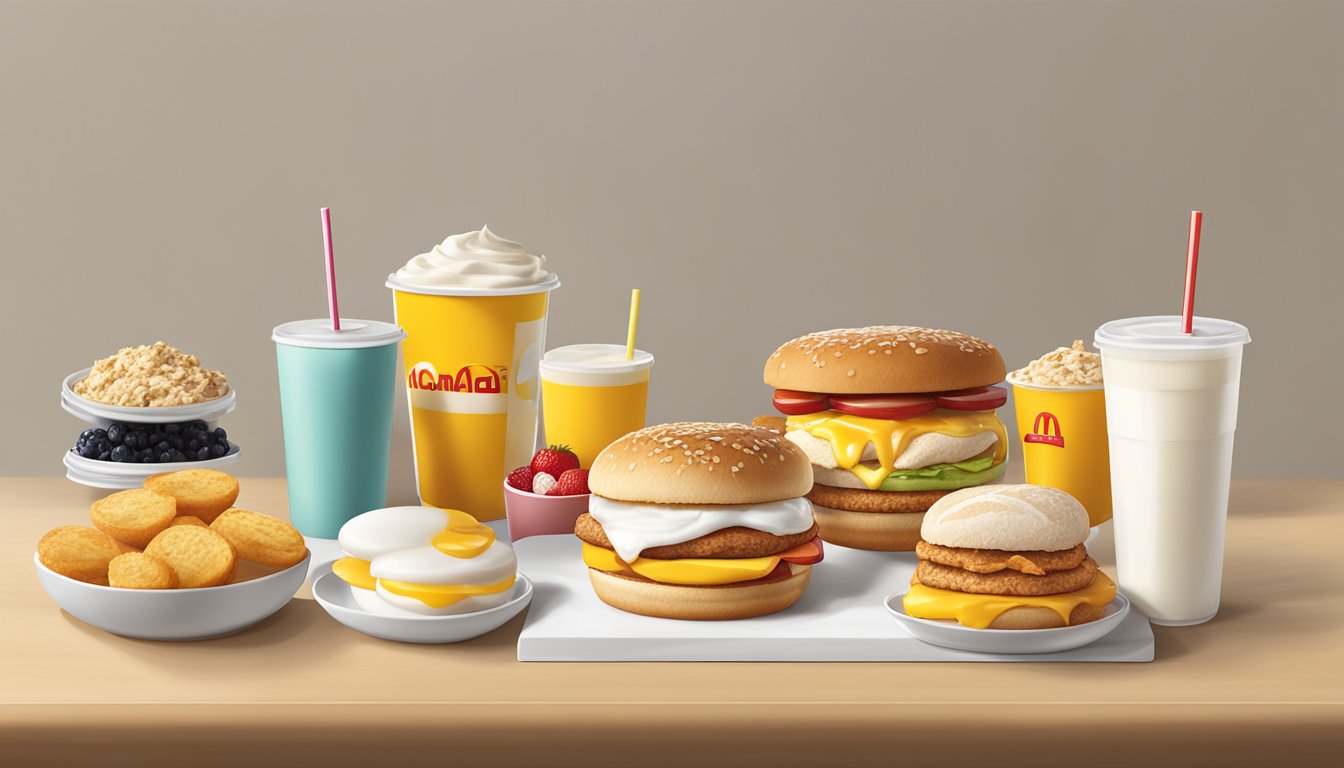 A colorful display of McDonald's breakfast items arranged on a table, including oatmeal, fruit and yogurt parfait, egg white delight McMuffin, and a side of apple slices