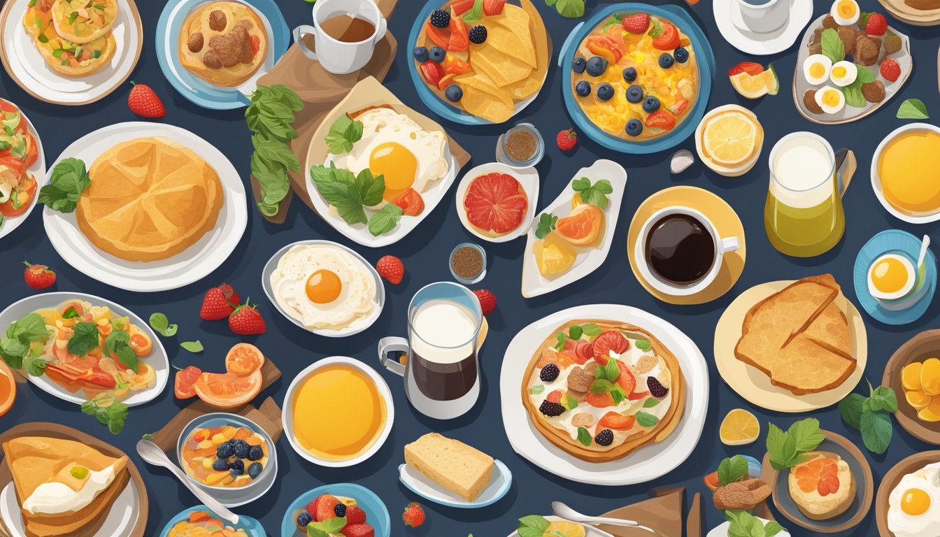 A colorful spread of breakfast items from 12 different countries, each with unique cultural influences, displayed on a table