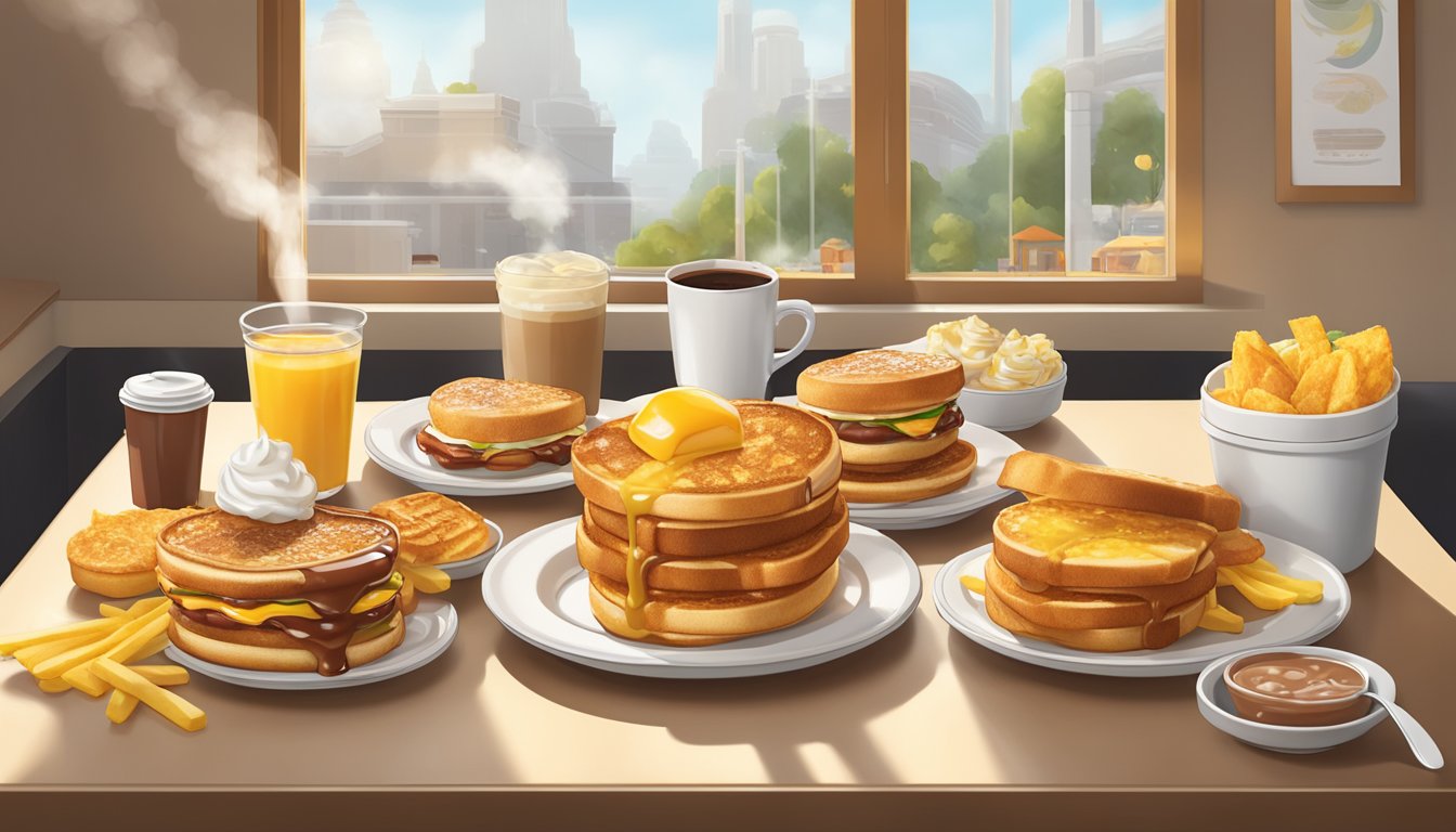 A mouthwatering McGriddles French Toast surrounded by other McDonald's breakfast items on a table, with steam rising from the freshly cooked food