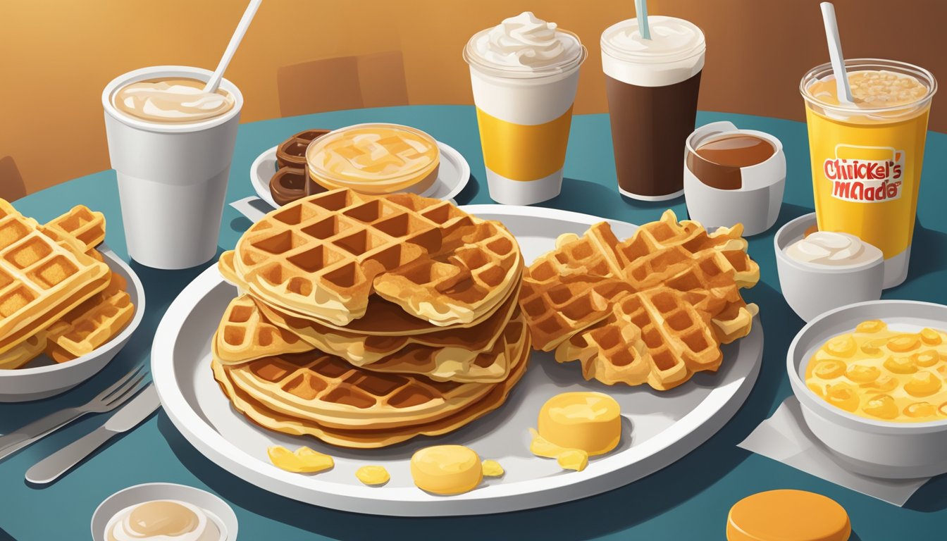 A plate with Chicken & Waffles McGriddles, surrounded by other McDonald's breakfast items, on a table in a fast-food restaurant