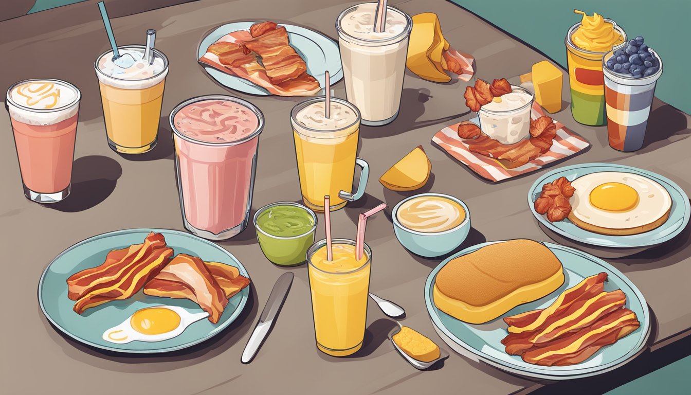 A table set with a bacon smoothie and 8 unique McDonald's breakfast items