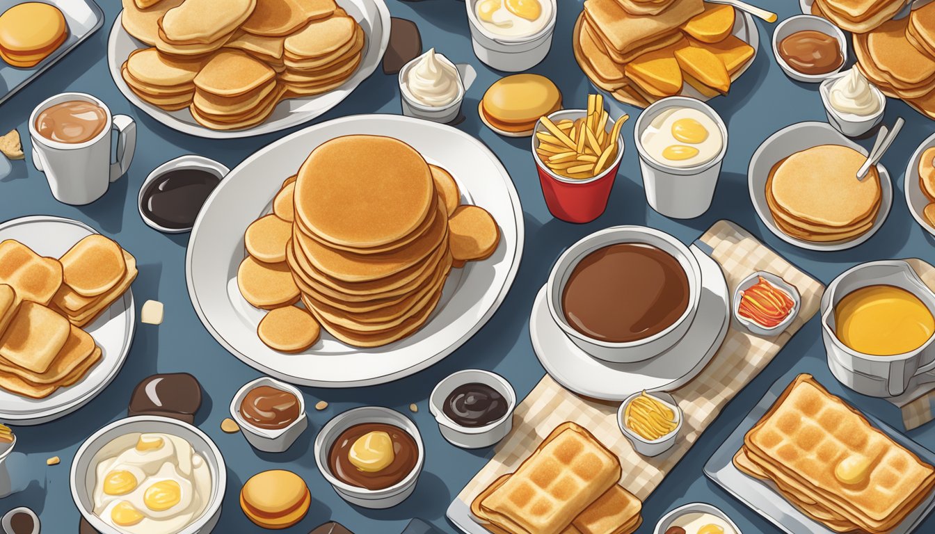 A plate of mini pancake dippers surrounded by various McDonald's breakfast items