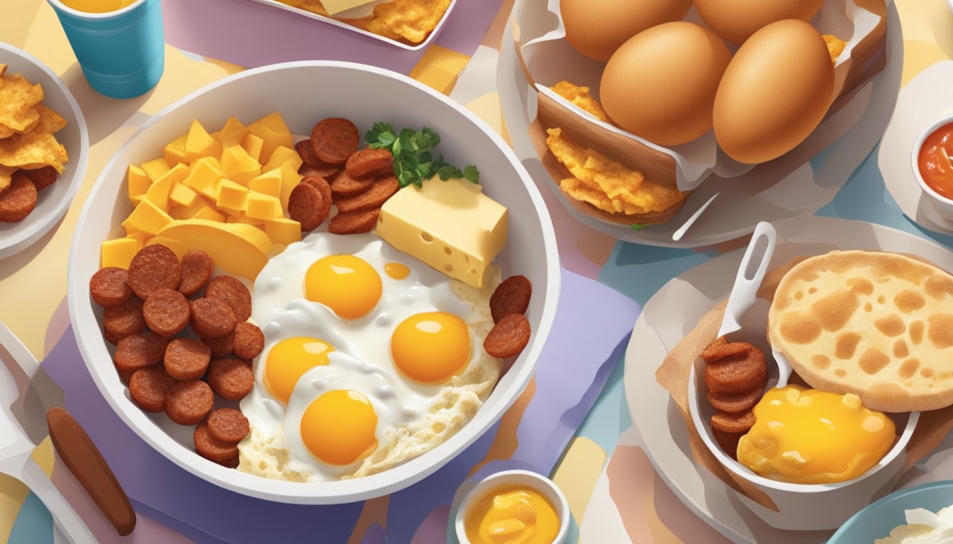 A colorful breakfast bowl filled with chorizo, eggs, cheese, and potatoes, surrounded by McDonald's breakfast items