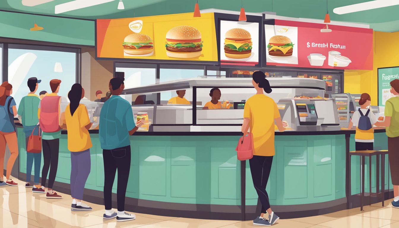 A bustling McDonald's restaurant with a colorful breakfast menu displayed on a digital screen, while customers line up at the counter to order