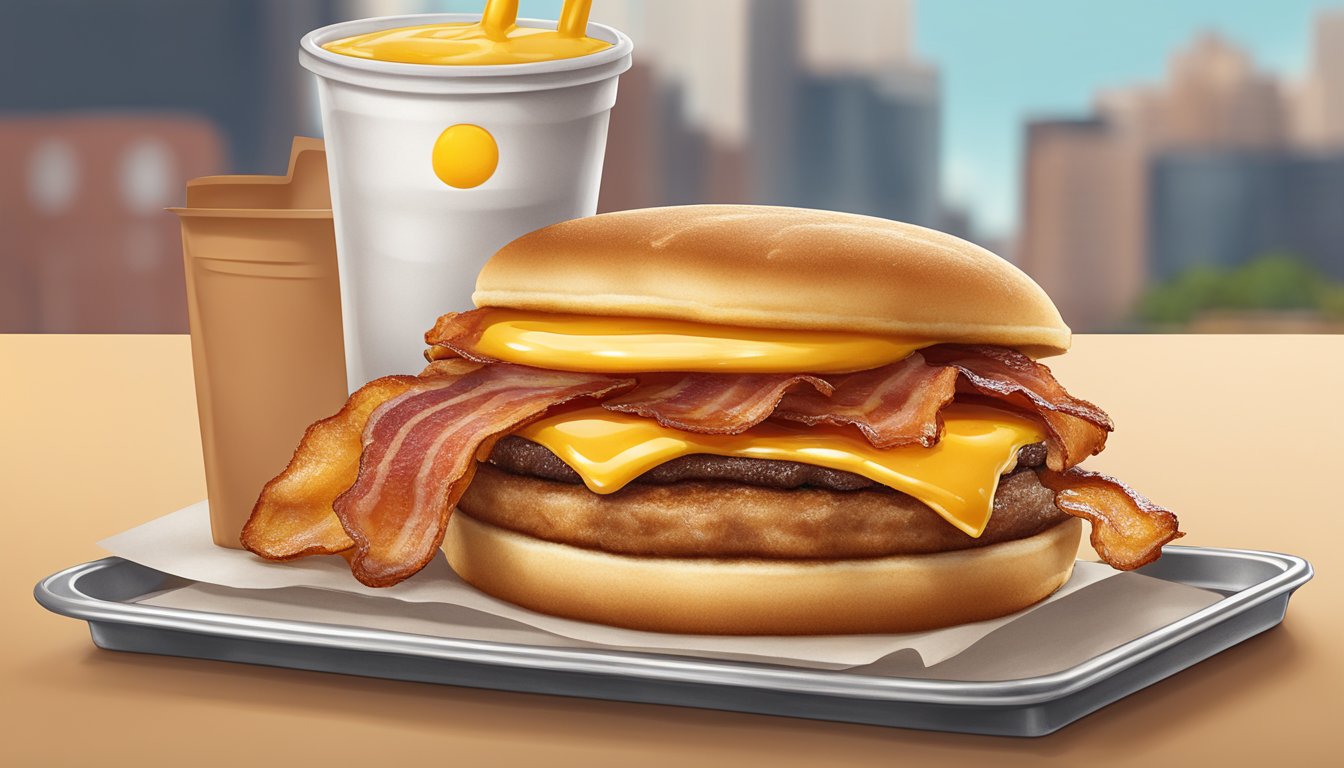 A sizzling McGriddle sandwich with maple syrup oozing out, topped with crispy bacon, on a McDonald's breakfast tray