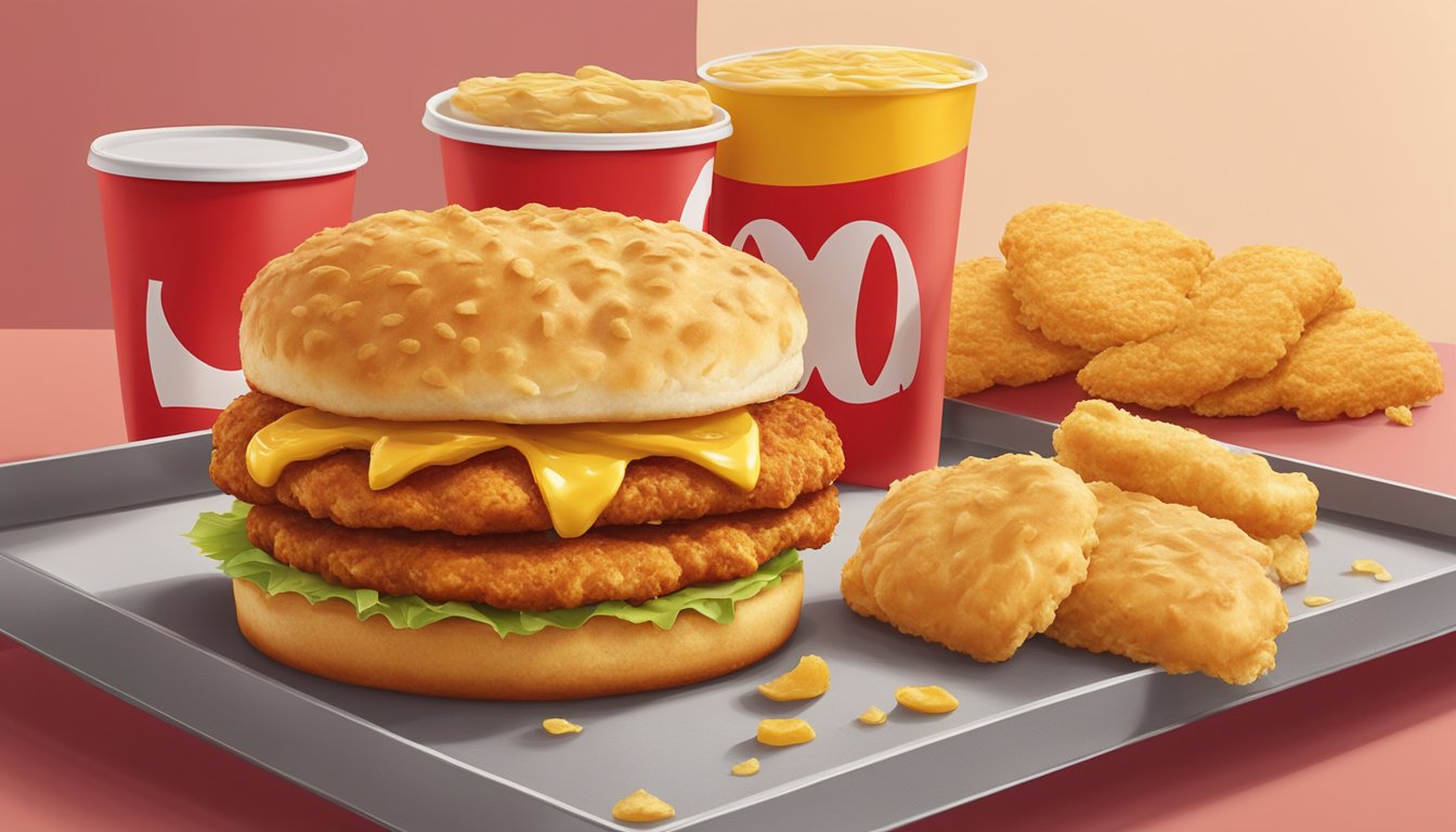 A golden, flaky biscuit topped with a crispy, seasoned chicken patty, served on a red and yellow McDonald's branded tray