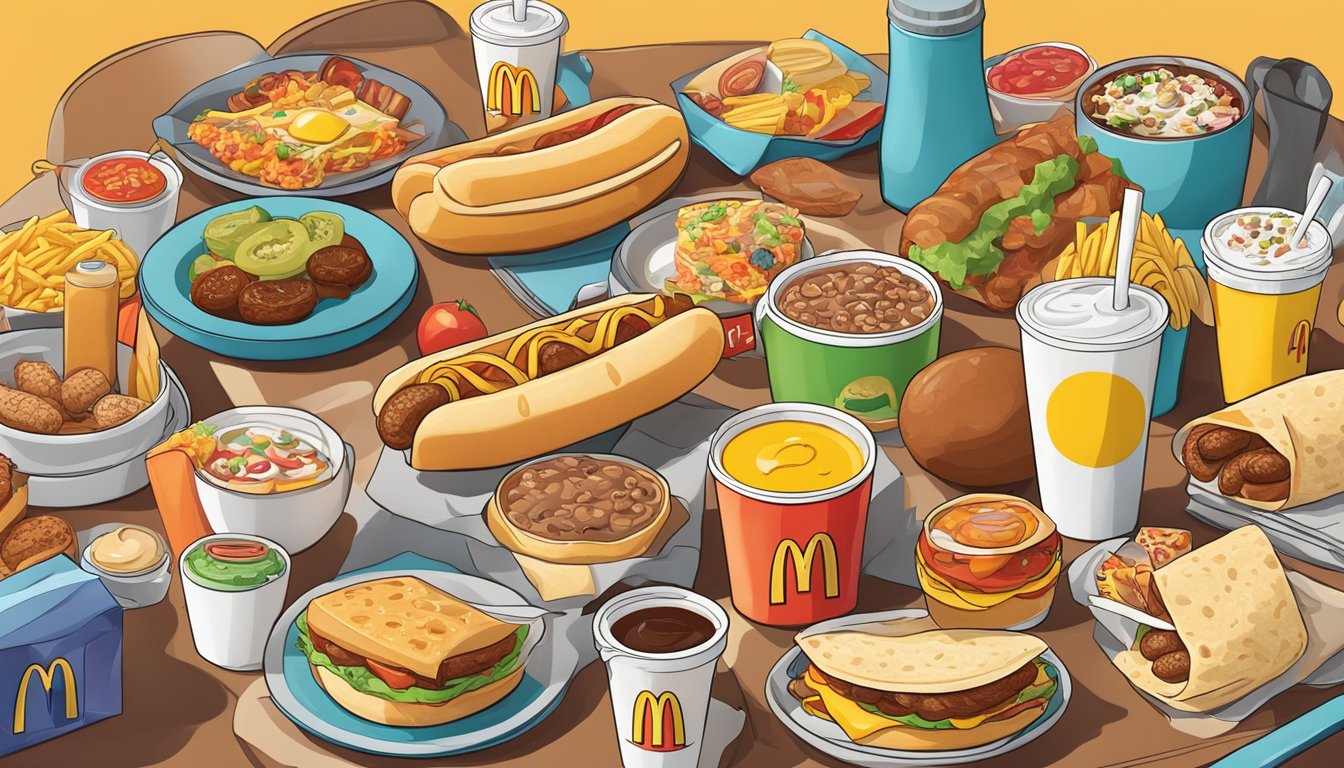 A colorful breakfast scene with a sausage burrito surrounded by various celebrity-favorite McDonald's breakfast items