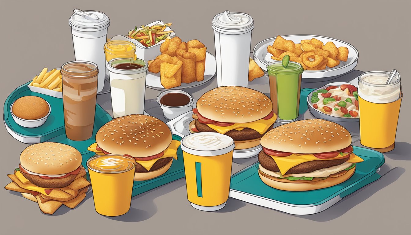 A colorful spread of McDonald's breakfast items, including unique and lesser-known menu items, displayed on a table or serving tray