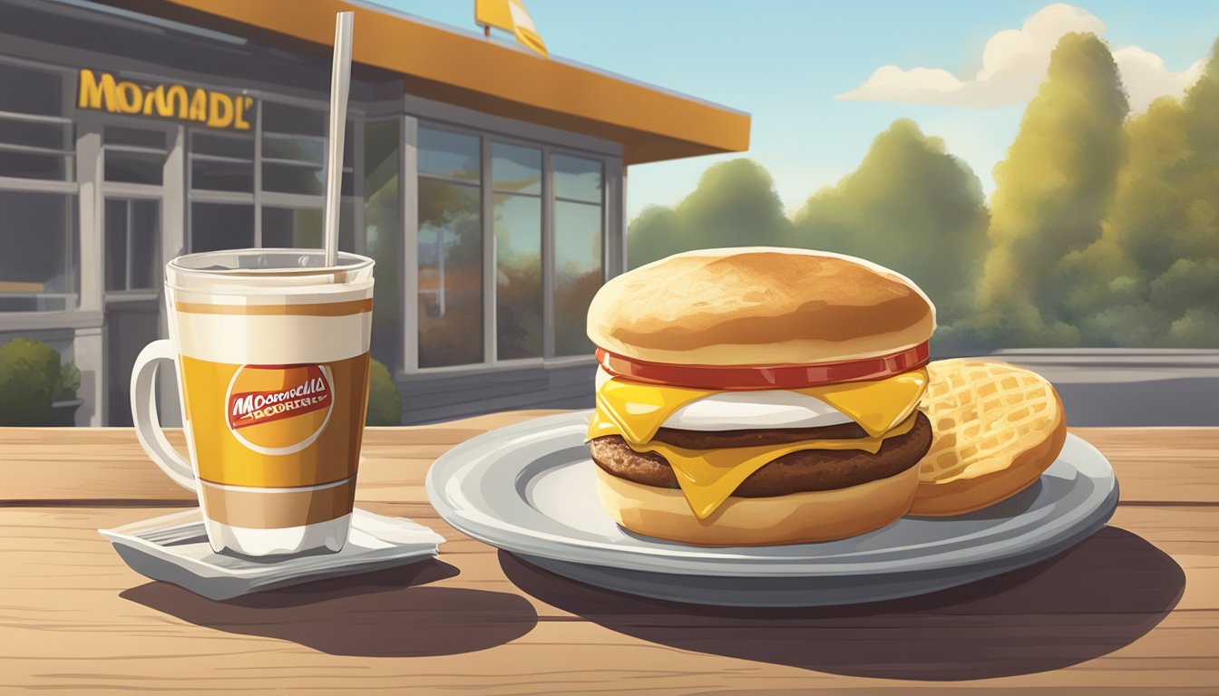 A sunny morning scene with a vintage McDonald's sign and a freshly made Egg McMuffin on a plate, surrounded by a cup of coffee and a newspaper