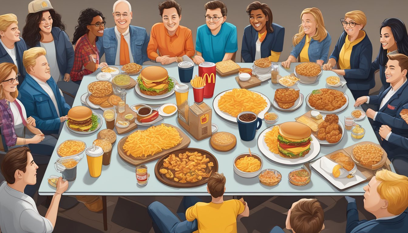 A table with a tray of McDonald's breakfast items, including hash browns, surrounded by 15 celebrity portraits