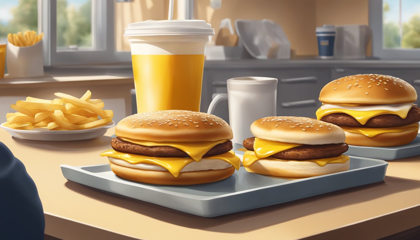 A sunny morning at a McDonald's restaurant, with a McGriddle sandwich being launched from the kitchen onto a breakfast tray