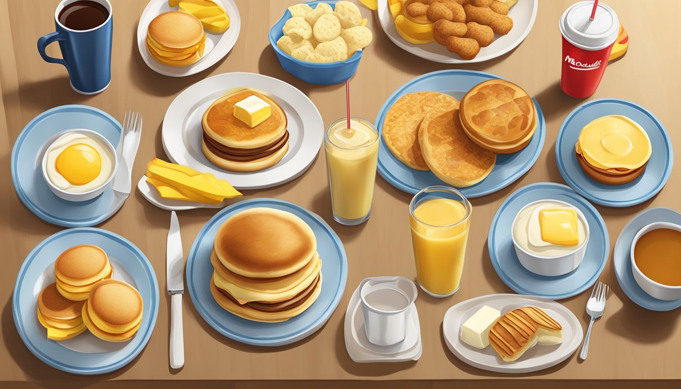 A table set with a variety of McDonald's breakfast items, including pancakes, biscuits, and muffins, all topped with a generous serving of real butter