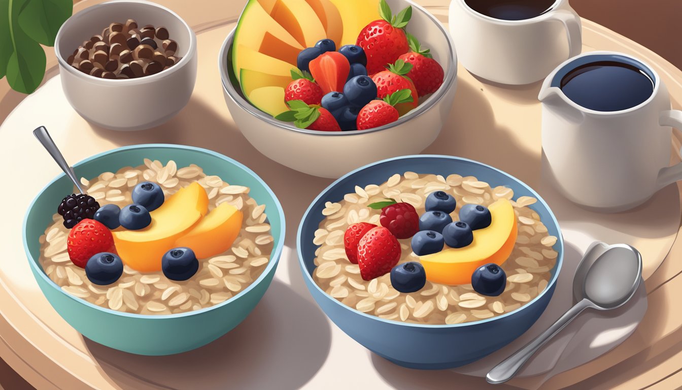 A colorful bowl of oatmeal topped with fresh fruit and drizzled with maple syrup sits on a tray alongside other breakfast items