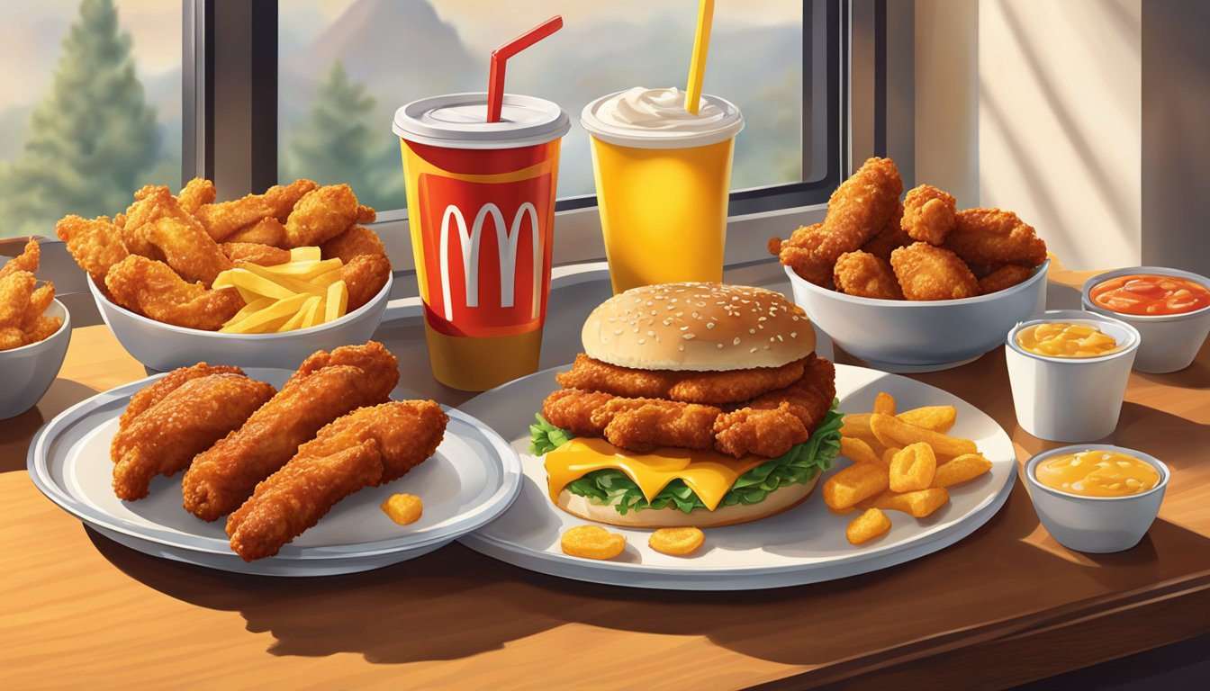 A table with a spread of McDonald's breakfast items and a plate of Mighty Wings, with a nostalgic and longing atmosphere