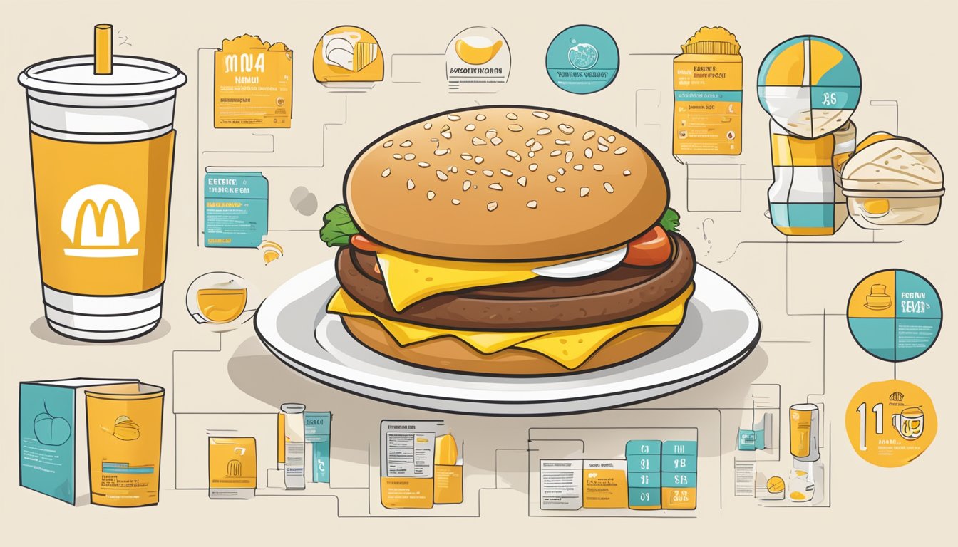 A Sausage Egg McMuffin surrounded by 11 nutritional facts icons, with the McDonald's logo in the background