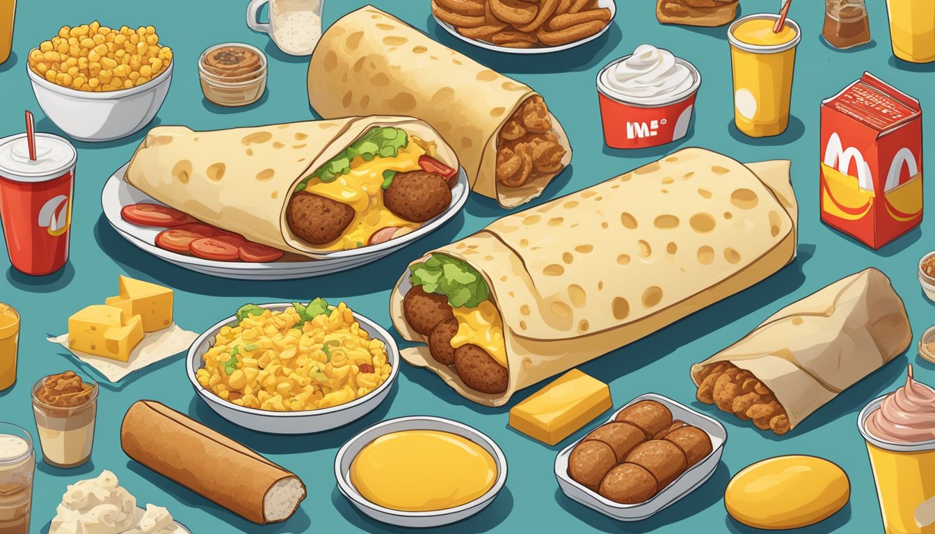 A breakfast burrito filled with scrambled eggs, cheese, and sausage, surrounded by a collection of nostalgic McDonald's breakfast items